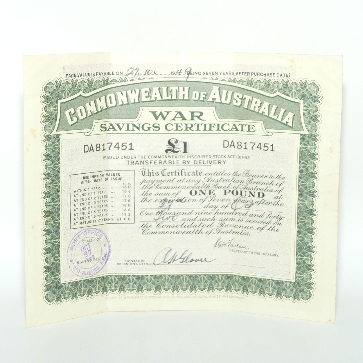 Commonwealth of Australia War Savings Certificate | dated 1942 with Signature of Issuing Officer