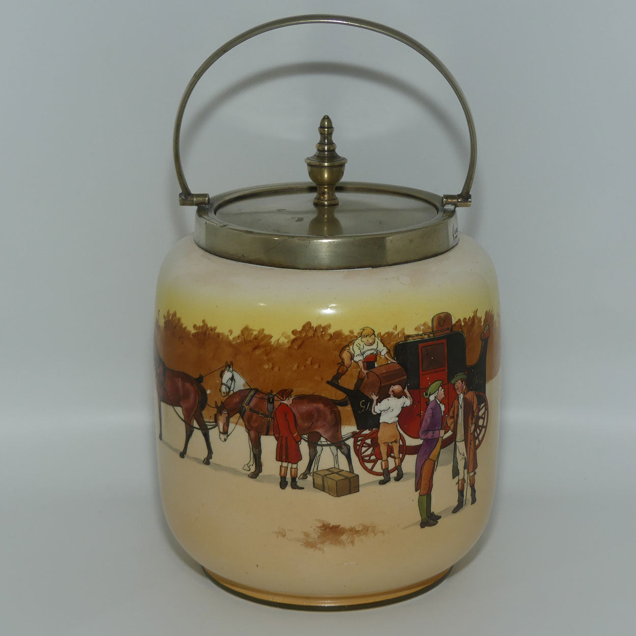 Royal Doulton Coaching Days biscuit barrel | EP lid and round handle D2716