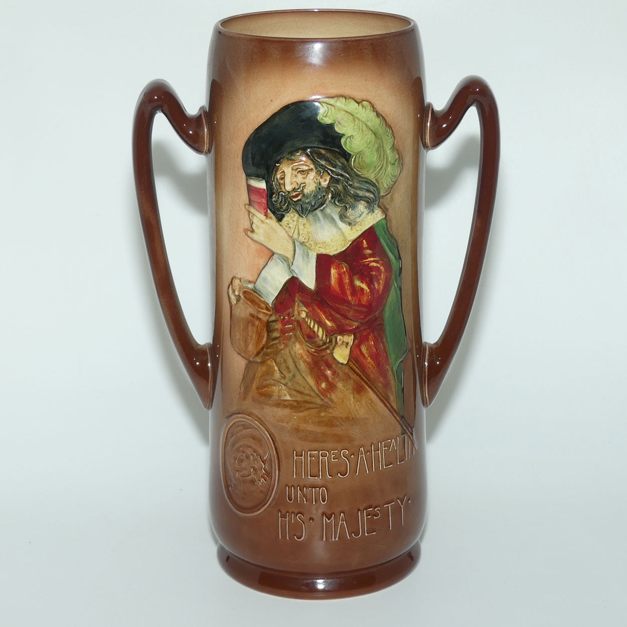 Royal Doulton Aerographed Brown Here's a Health Unto his Majesty double handled vase D5719 | #1