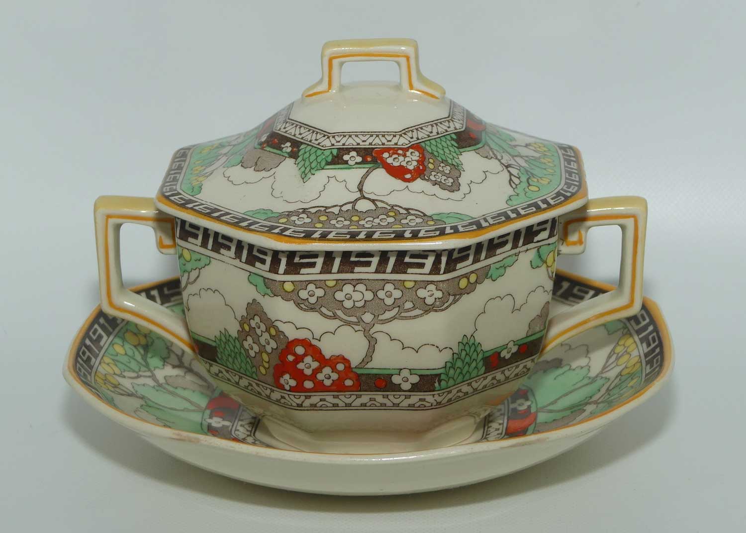 Royal Doulton Art Deco octagonal covered pot and underplate D5805