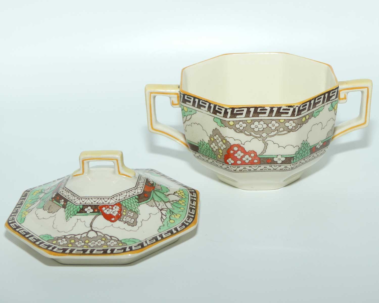 Royal Doulton Art Deco octagonal covered pot and underplate D5805