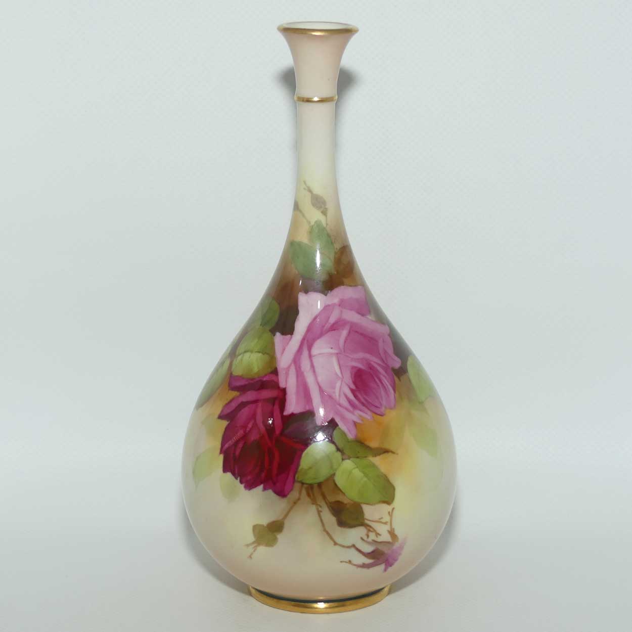 Royal Worcester hand painted Hadley Roses elegant neck vase | F105 H1540 | c.1909