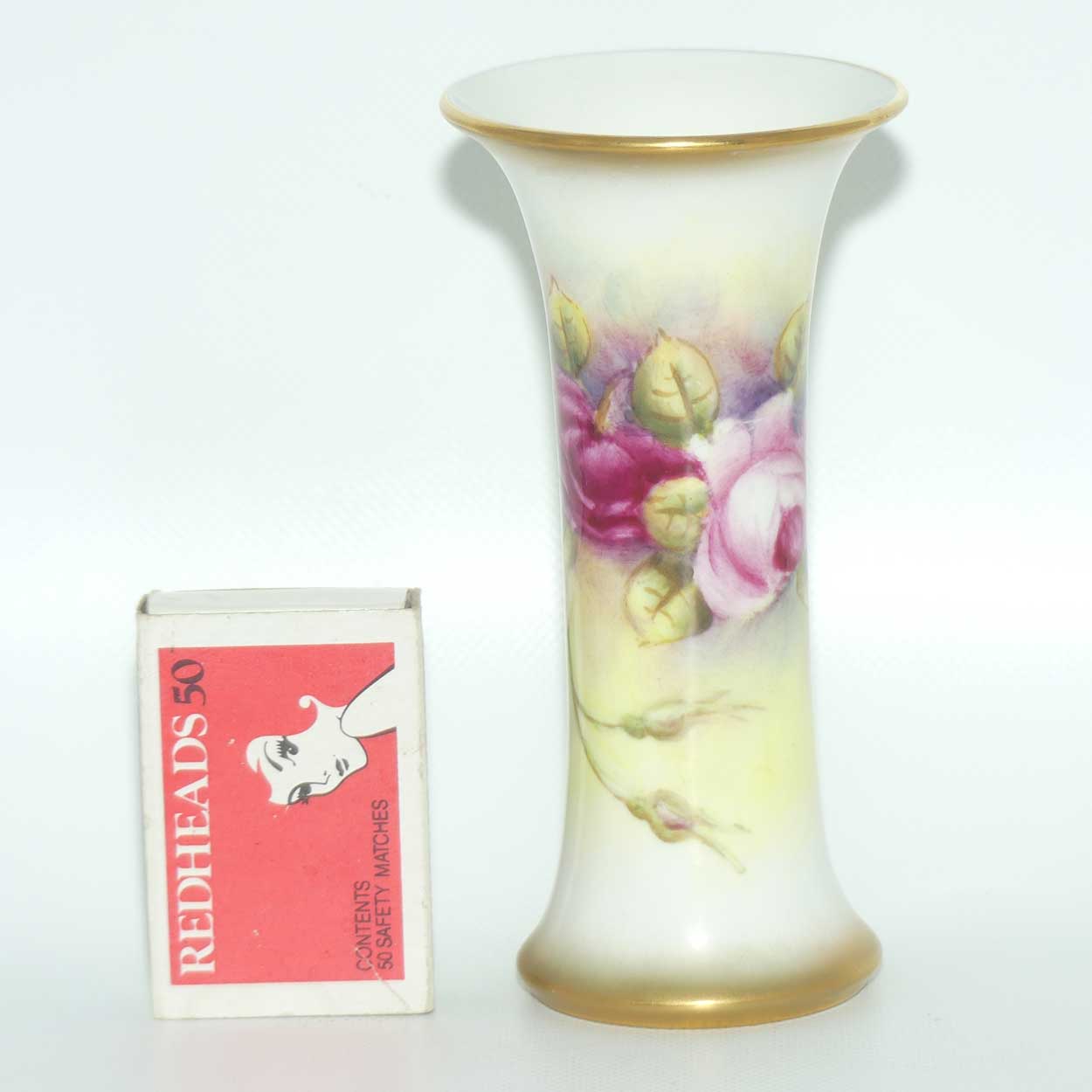 Royal Worcester hand painted and gilt Roses trumpet vase (Fairsey)