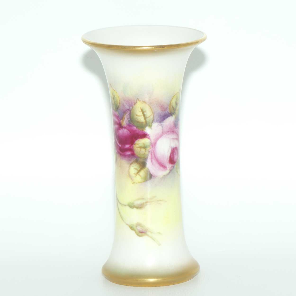 Royal Worcester hand painted and gilt Roses trumpet vase (Fairsey)
