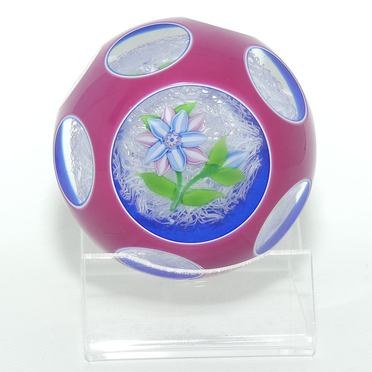 John Deacons Scotland Lampwork Floral Spray on Lace | Facetted Overlay small paperweight