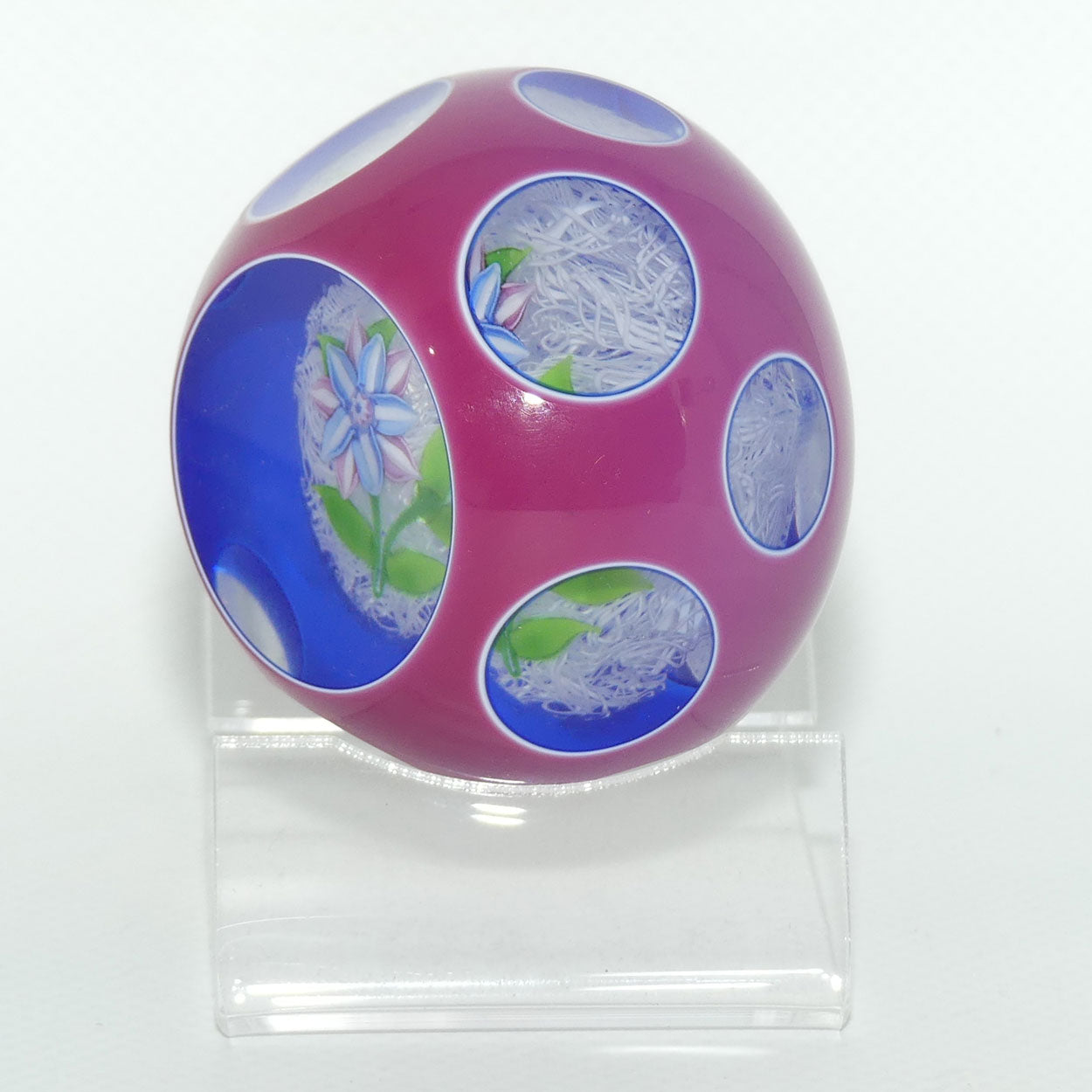 John Deacons Scotland Lampwork Floral Spray on Lace | Facetted Overlay small paperweight