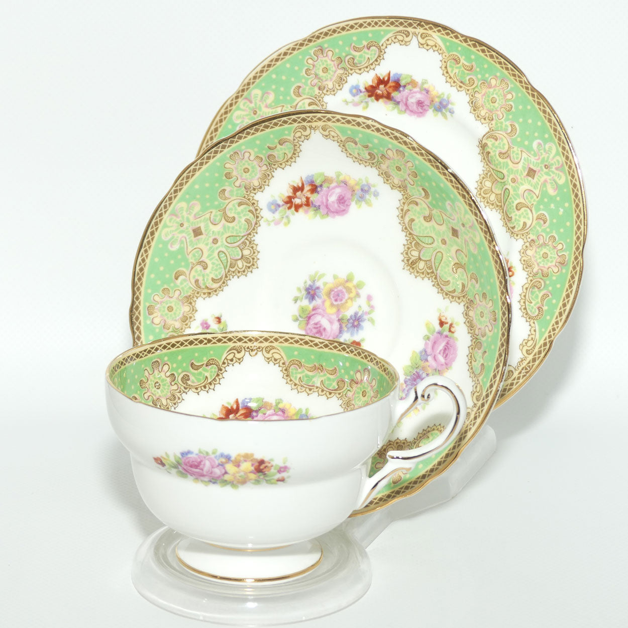 Paragon Bone China fine tea trio | Green Floral pattern