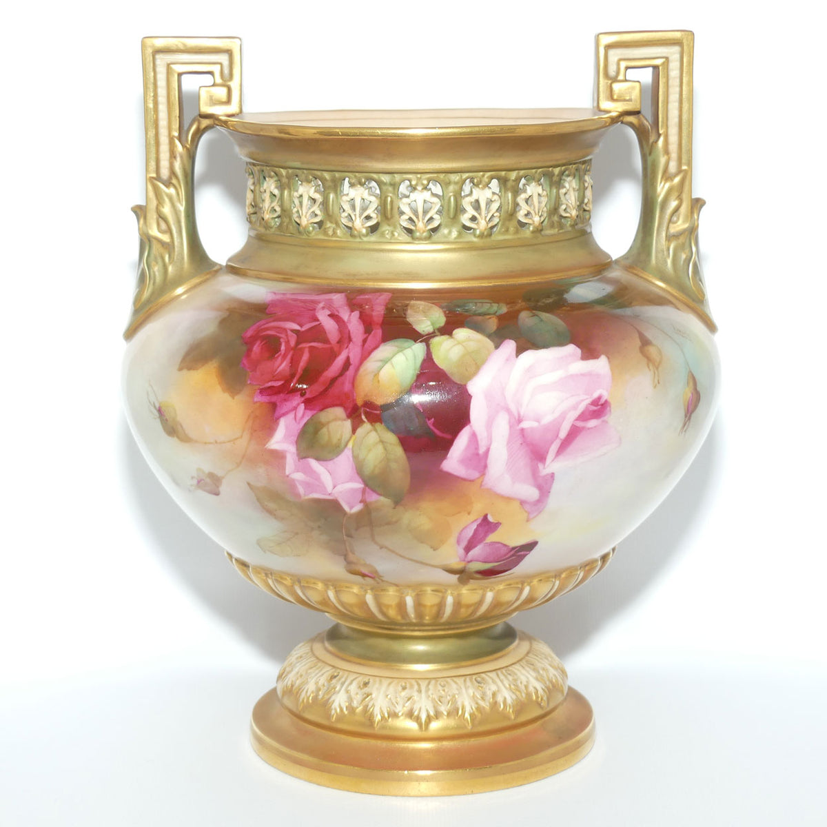 Royal Worcester hand painted Hadley Roses Twin Handle Jardiniere with pierced gallery | Harry Martin