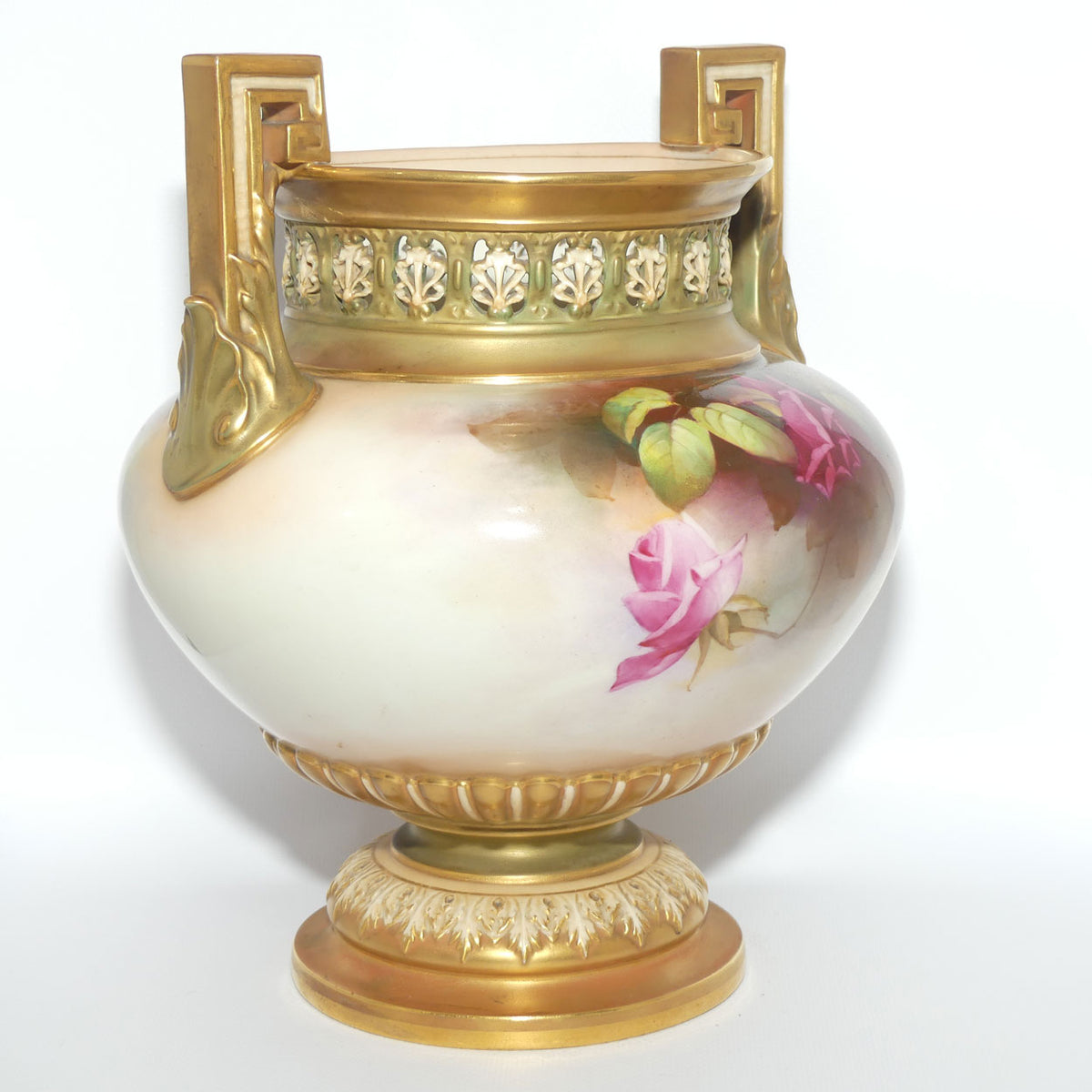 Royal Worcester hand painted Hadley Roses Twin Handle Jardiniere with pierced gallery | Harry Martin