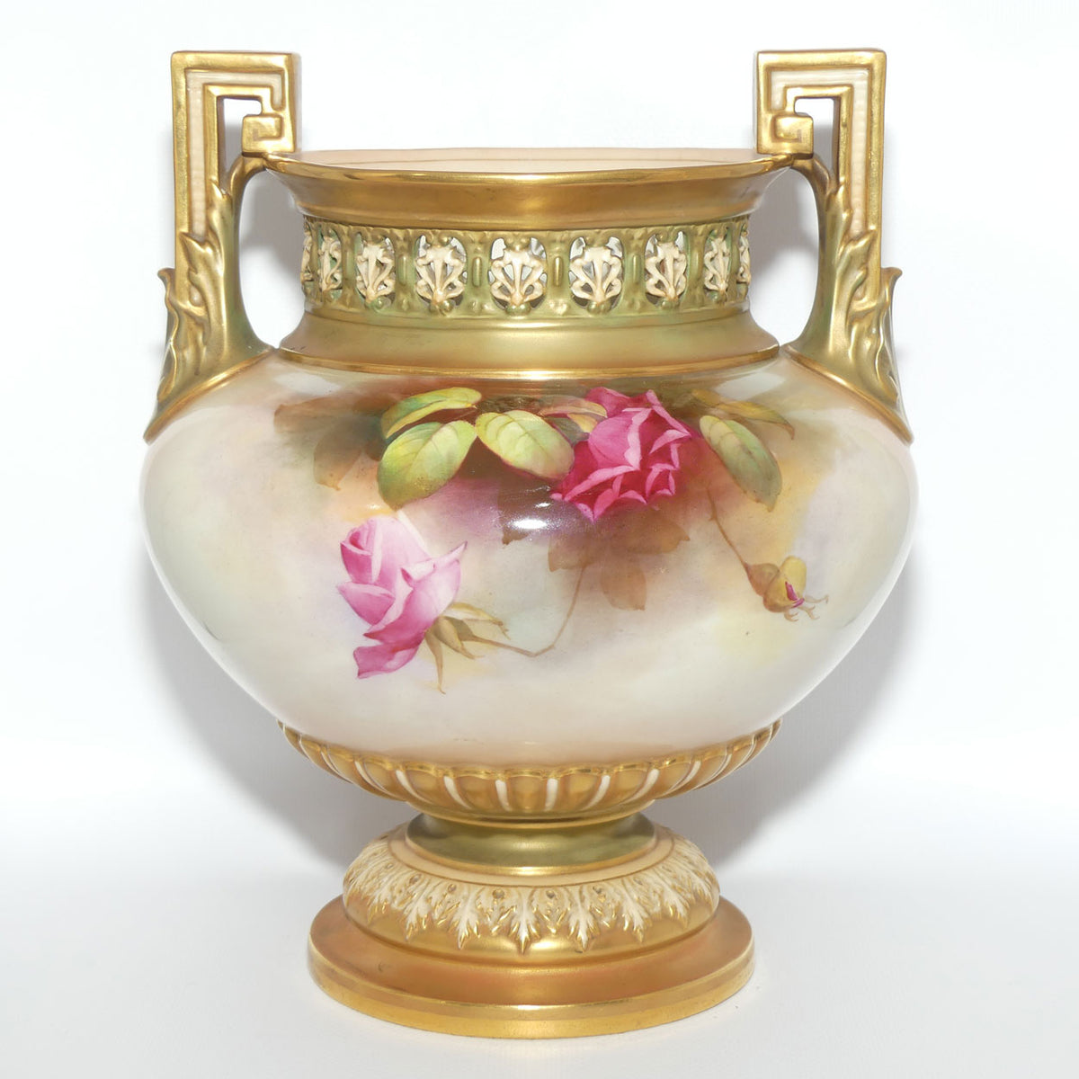 Royal Worcester hand painted Hadley Roses Twin Handle Jardiniere with pierced gallery | Harry Martin