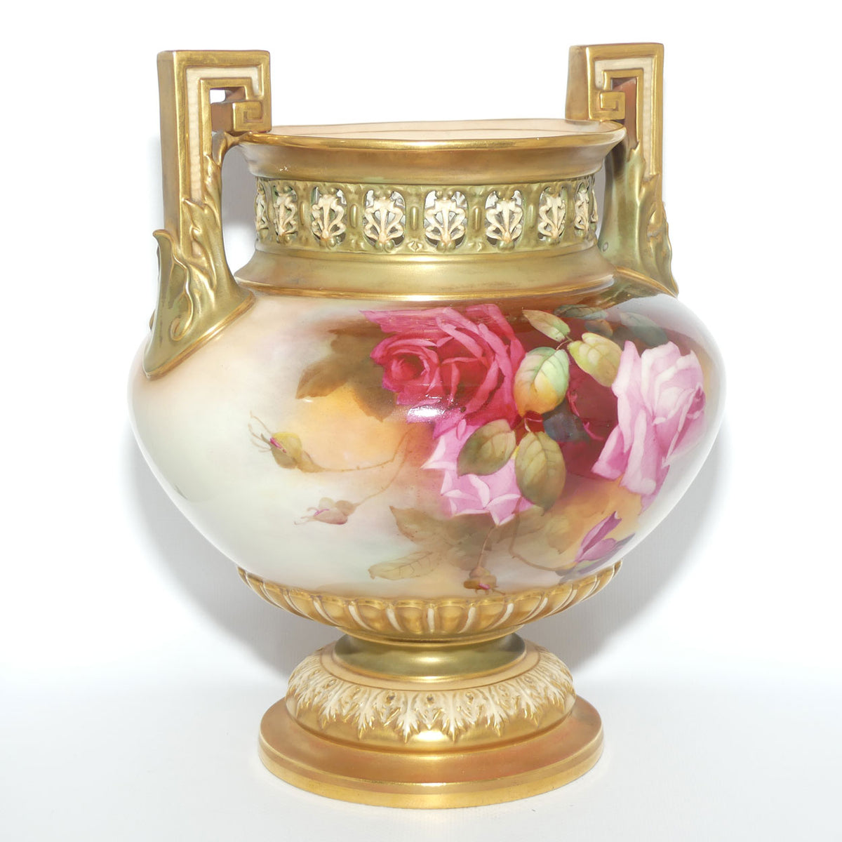 Royal Worcester hand painted Hadley Roses Twin Handle Jardiniere with pierced gallery | Harry Martin