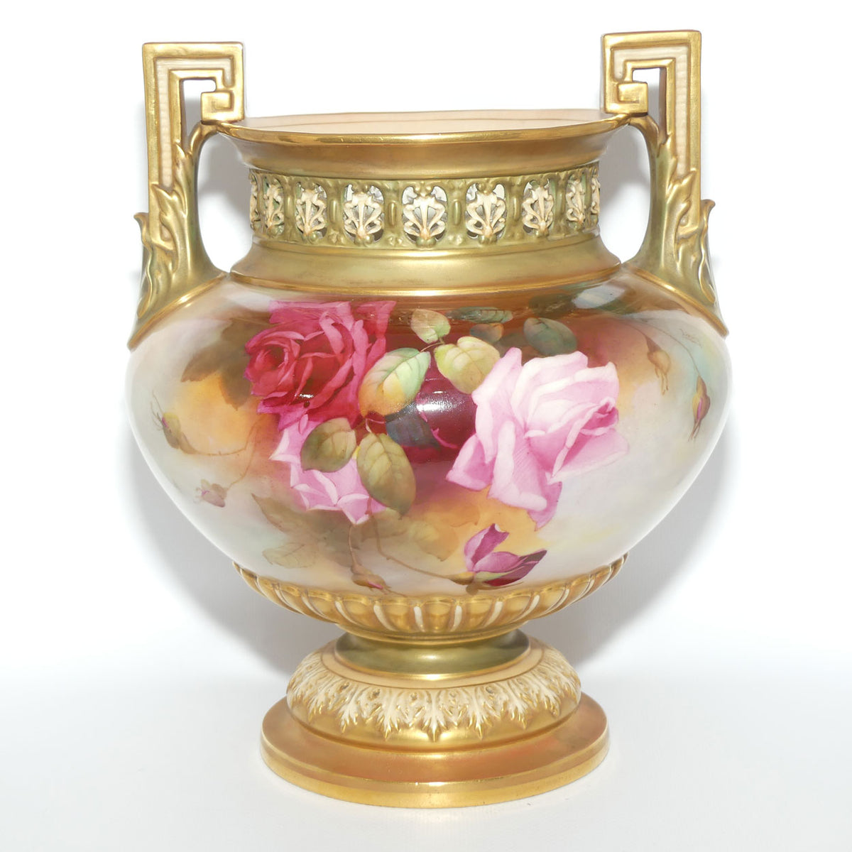 Royal Worcester hand painted Hadley Roses Twin Handle Jardiniere with pierced gallery | Harry Martin