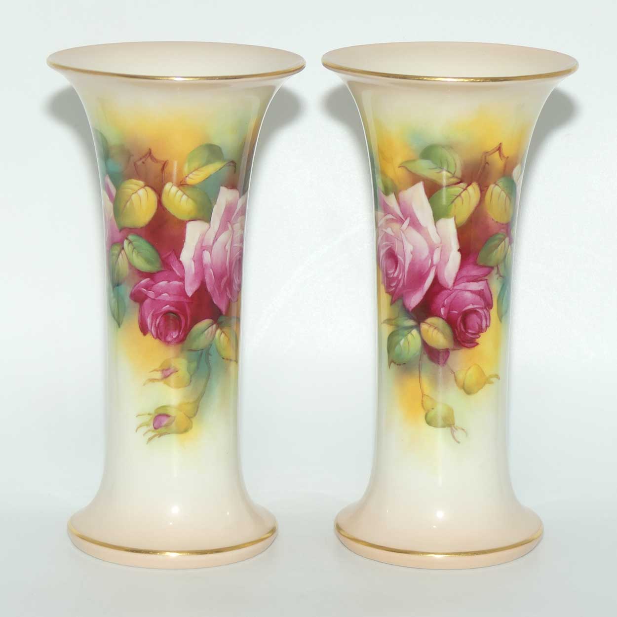 Royal Worcester hand painted pair of matched opposing scene roses very tall trumpet vases (Hunt)