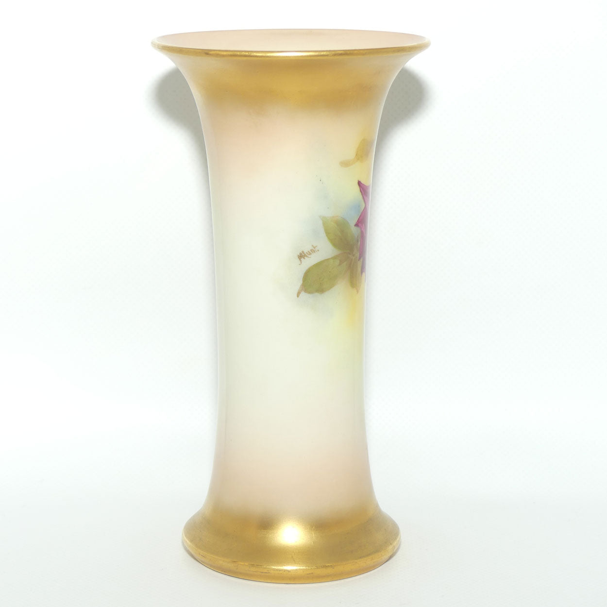 Royal Worcester hand painted roses tall trumpet vase (Hunt)