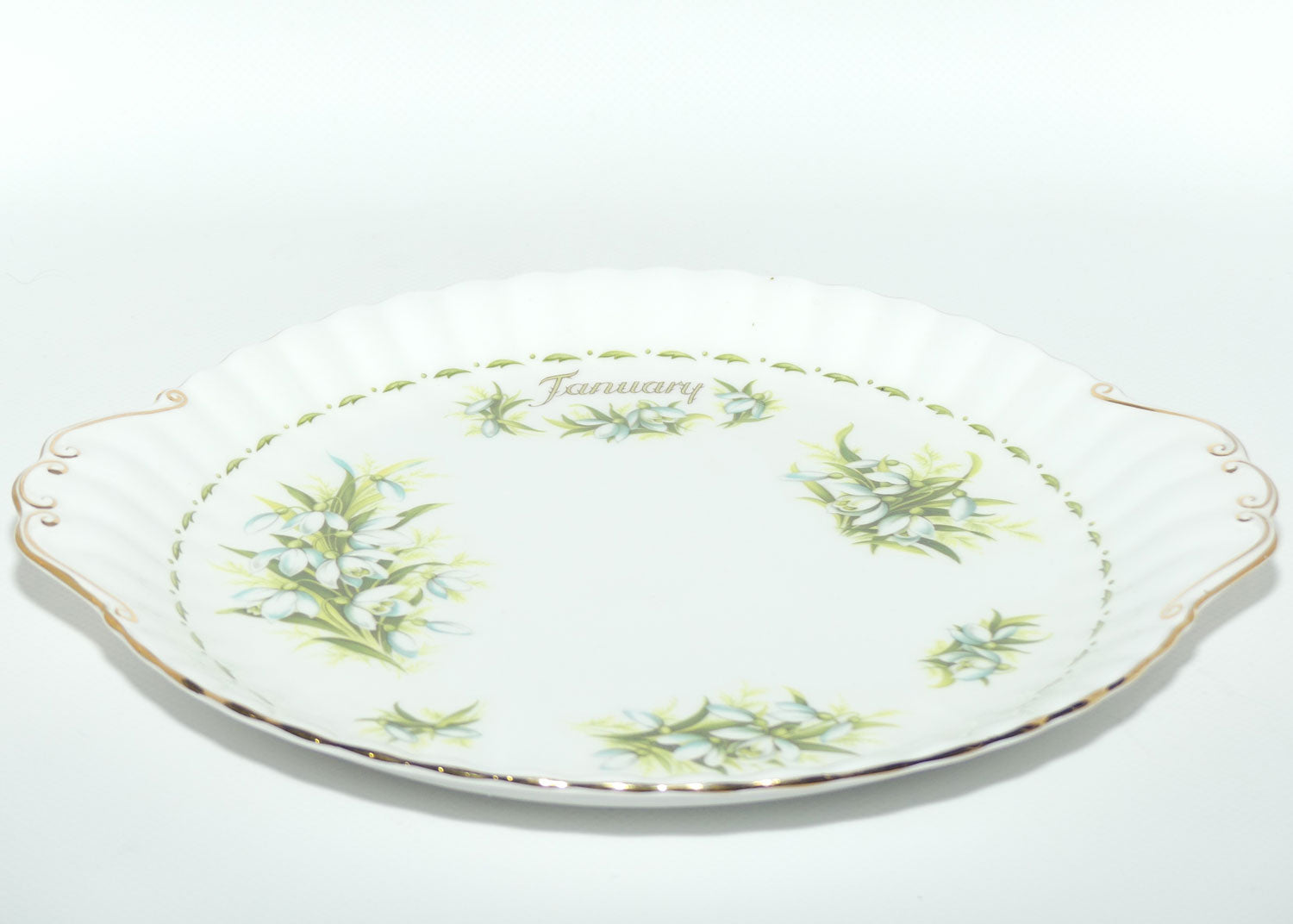 Royal Albert Bone China England | Flower of the Month series | #1 | January Snowdrops tab handle cake plate
