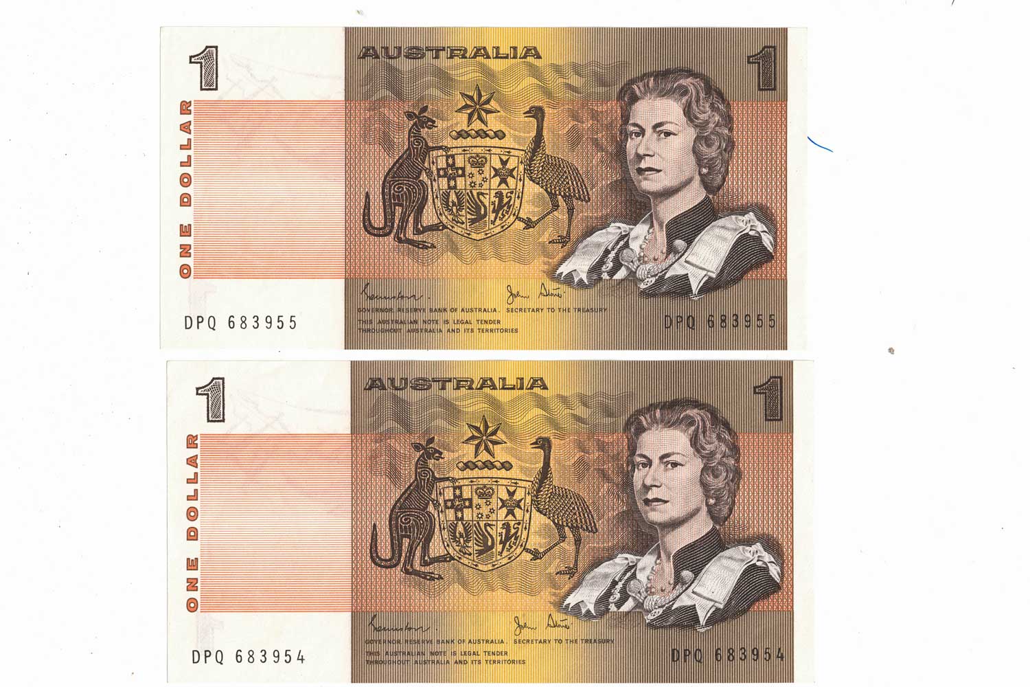 R78 Australia 1982 2 consecutive UNC $1 Banknote Johnston Stone