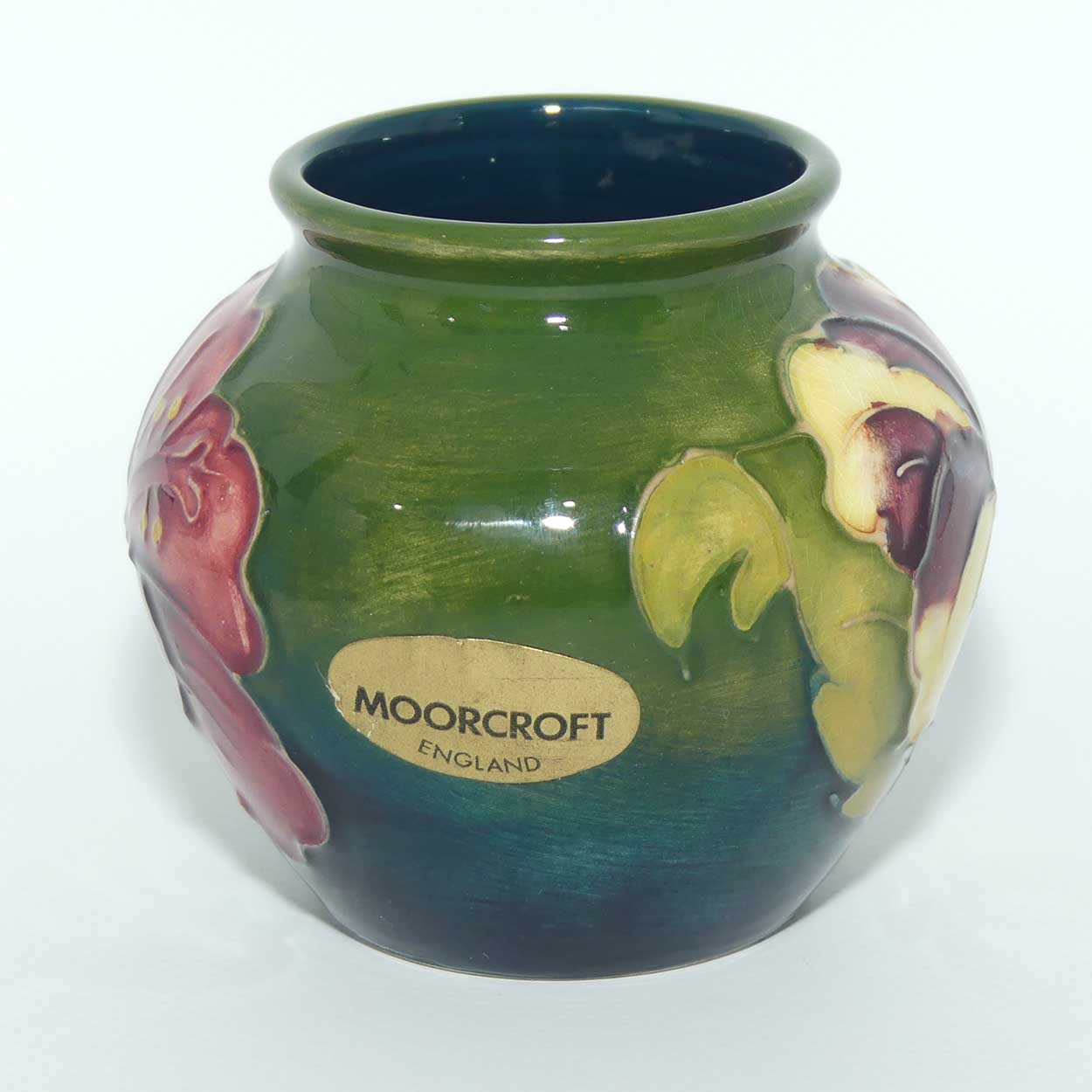 Walter Moorcroft Hibiscus on Green Ground vase | miniature round shape