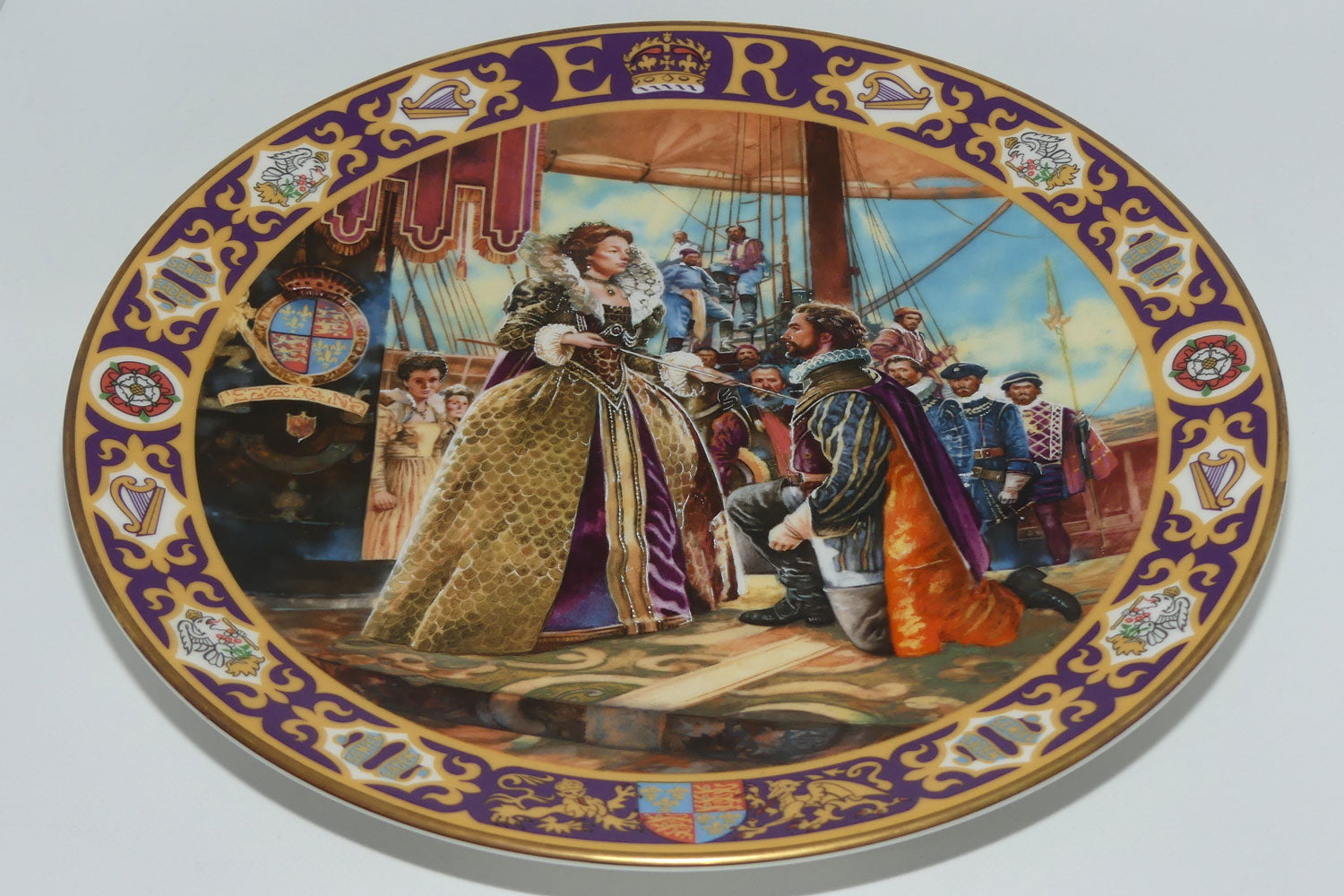 Royal Doulton Kings and Queens of the Realm PN1 plate | Queen Elizabeth I Knighting Sir Francis Drake