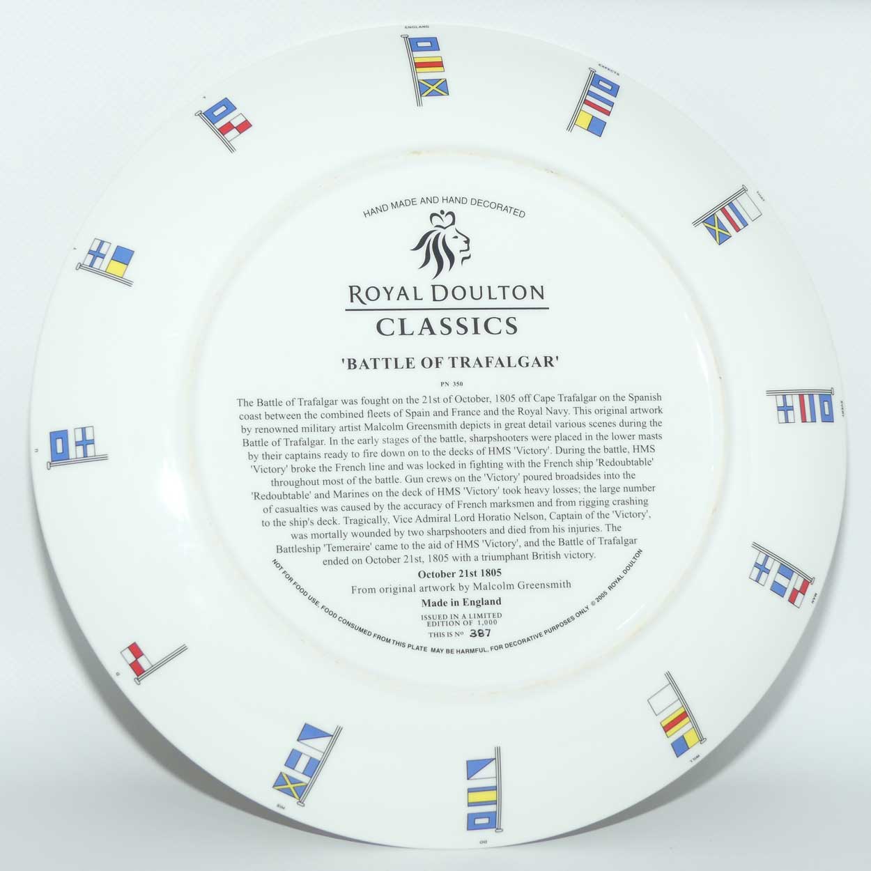 Royal Doulton Classics PN350 plate | Battle of Trafalgar depicts Vice Admiral Lord Horatio Nelson | LE1000