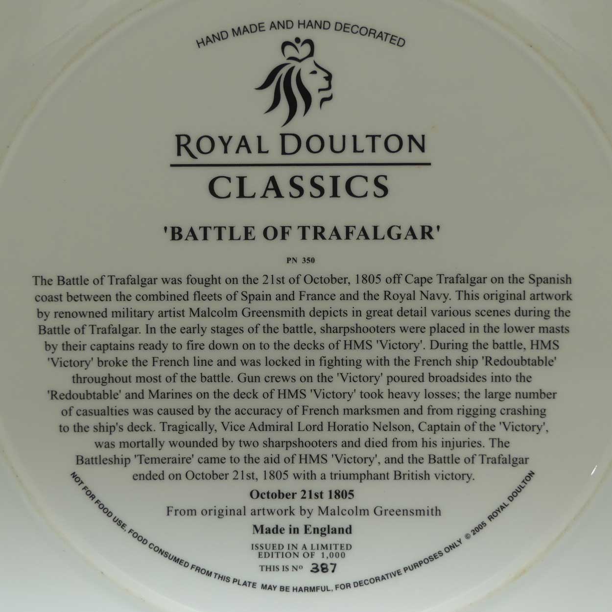 Royal Doulton Classics PN350 plate | Battle of Trafalgar depicts Vice Admiral Lord Horatio Nelson | LE1000