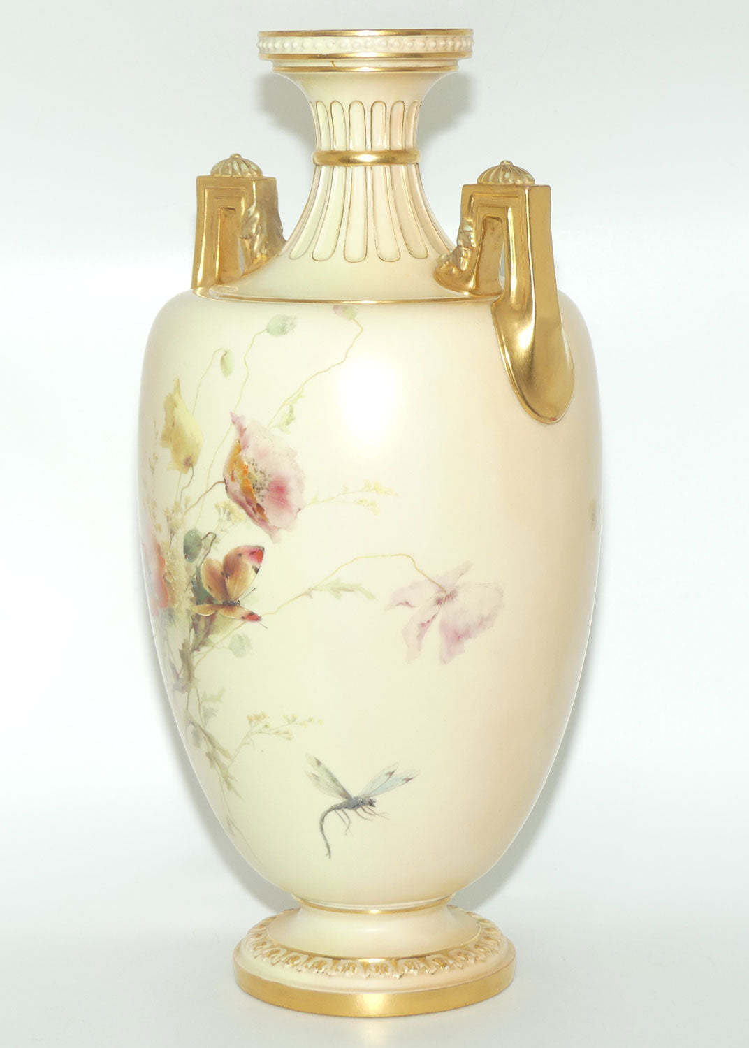 Royal Worcester Blush Ivory hand painted huge table centrepiece depicting flowers, butterflies, snails and a dragonfly (Raby)