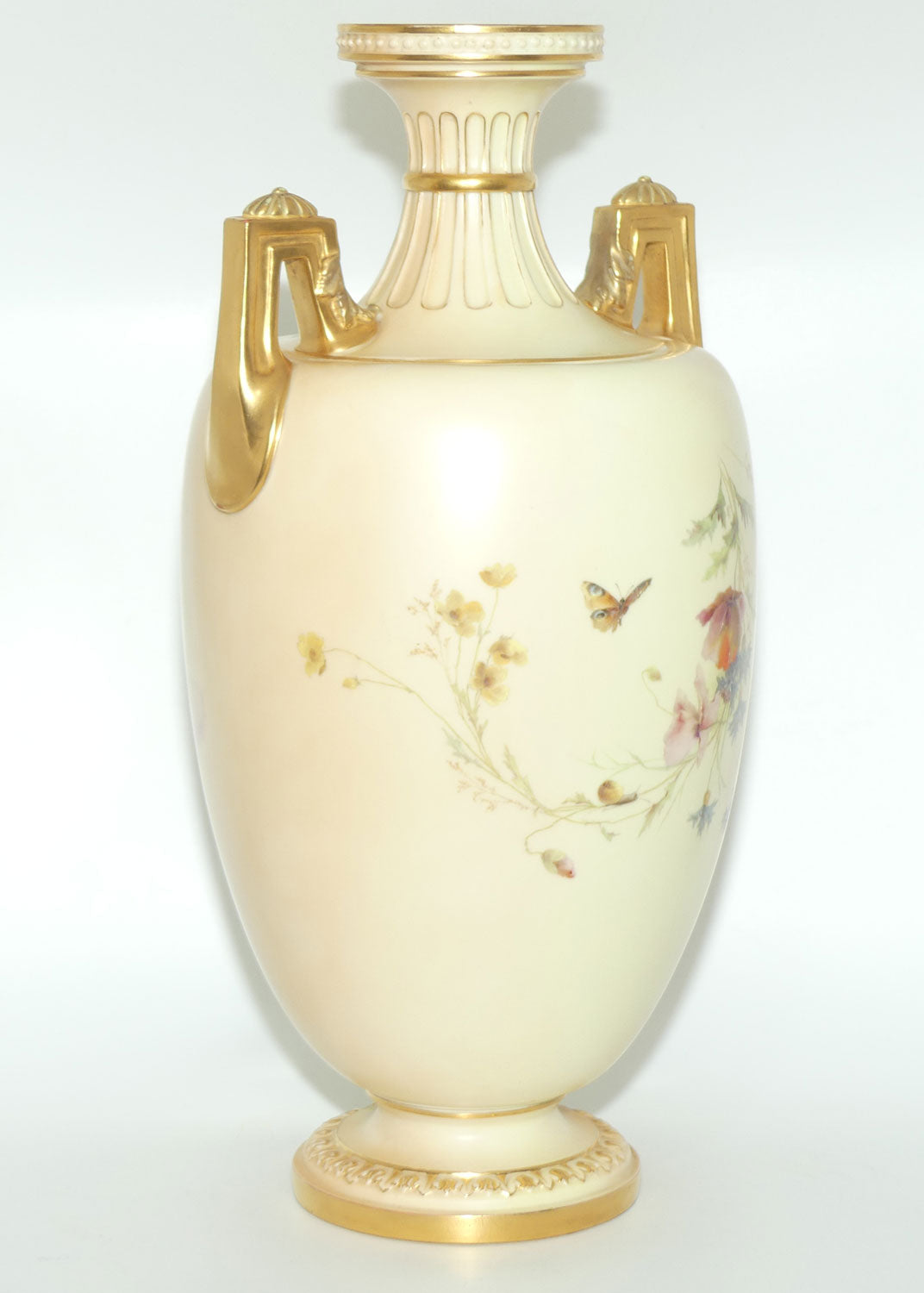 Royal Worcester Blush Ivory hand painted huge table centrepiece depicting flowers, butterflies, snails and a dragonfly (Raby)