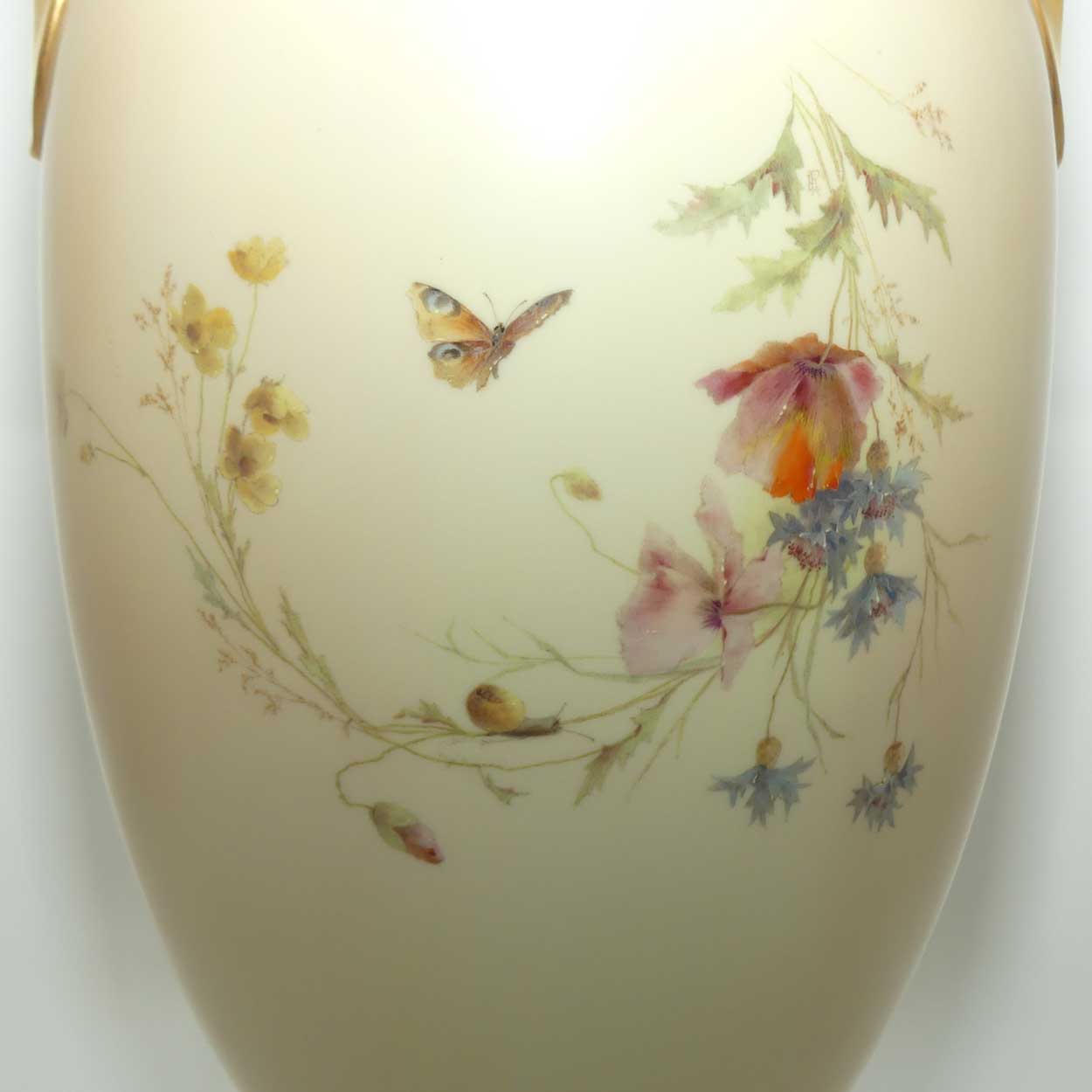 Royal Worcester Blush Ivory hand painted huge table centrepiece depicting flowers, butterflies, snails and a dragonfly (Raby)