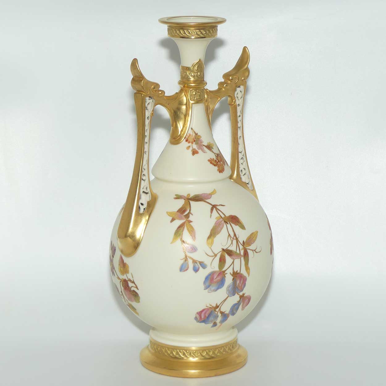 Royal Worcester Blush Ivory hand painted floral vase with reticulated handles