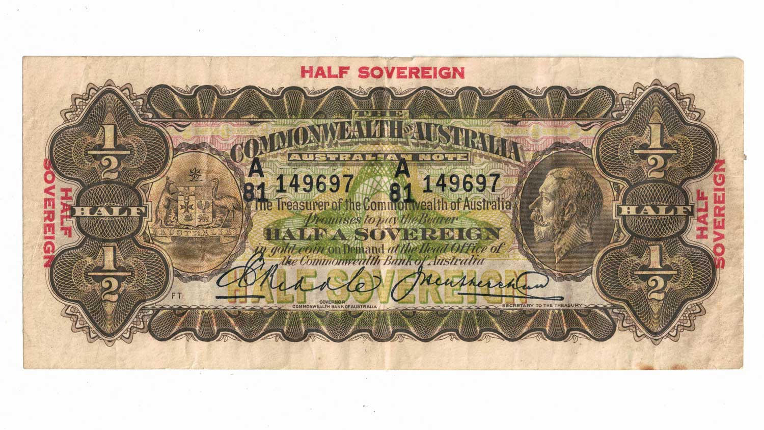 1928 R07 Commonwealth of Australia Ten Shillings | Half Sovereign | Riddle Heathershaw | A81 149697 | VG+/F