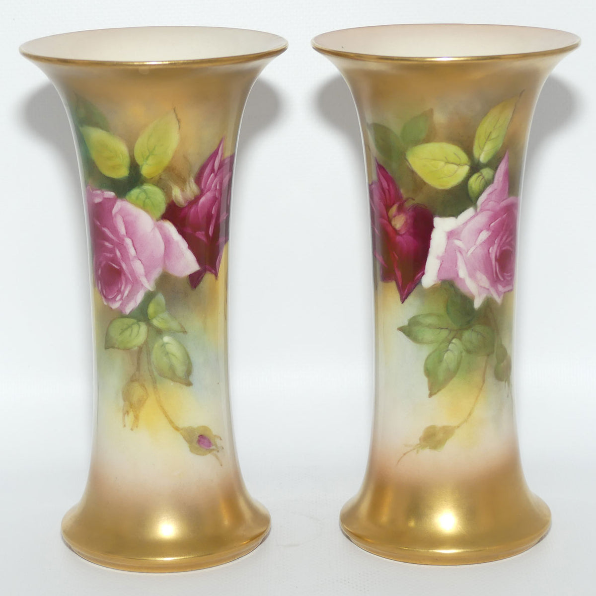 Royal Worcester hand painted pair of roses and gilt trumpet vases | Hunt