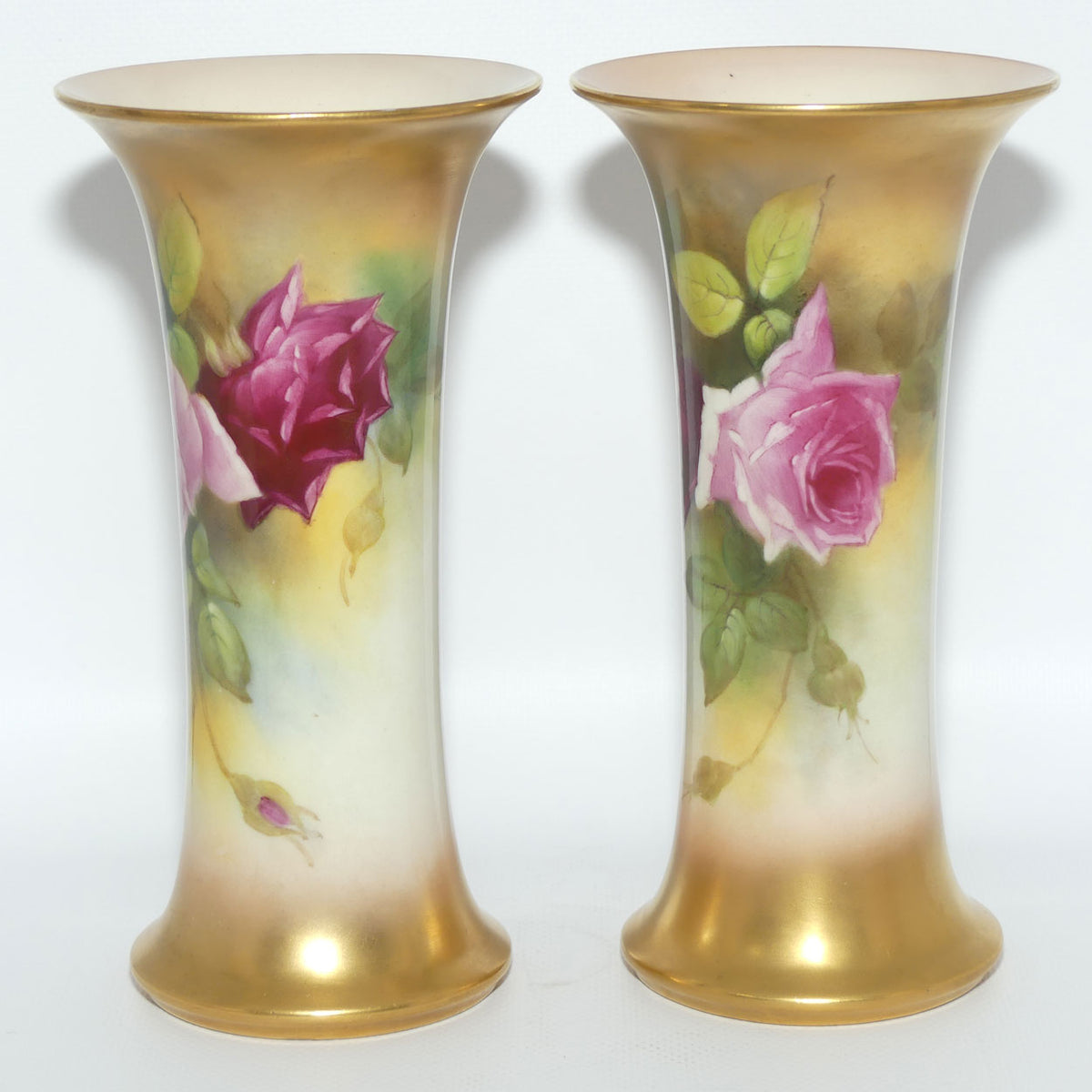 Royal Worcester hand painted pair of roses and gilt trumpet vases | Hunt