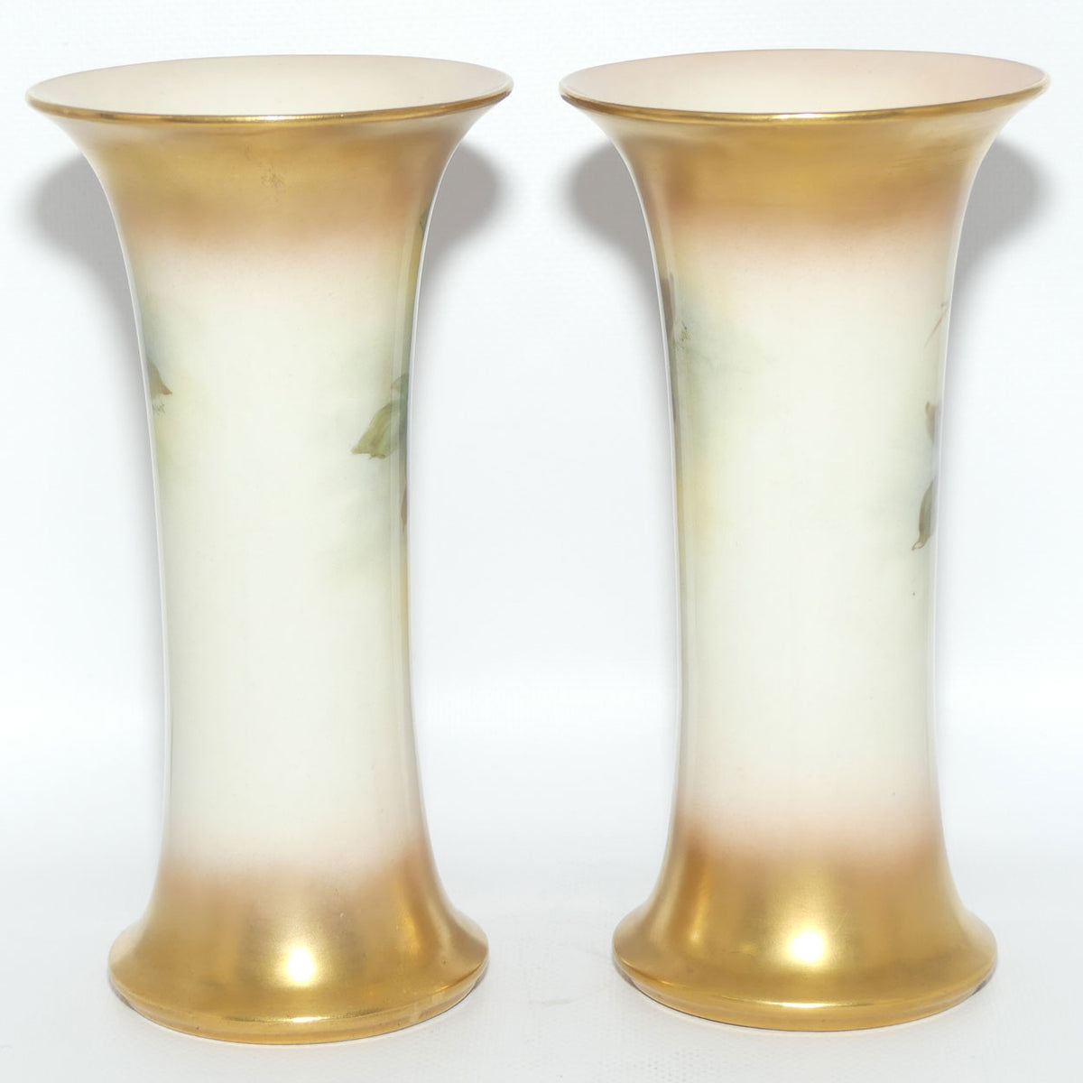 Royal Worcester hand painted pair of roses and gilt trumpet vases | Hunt
