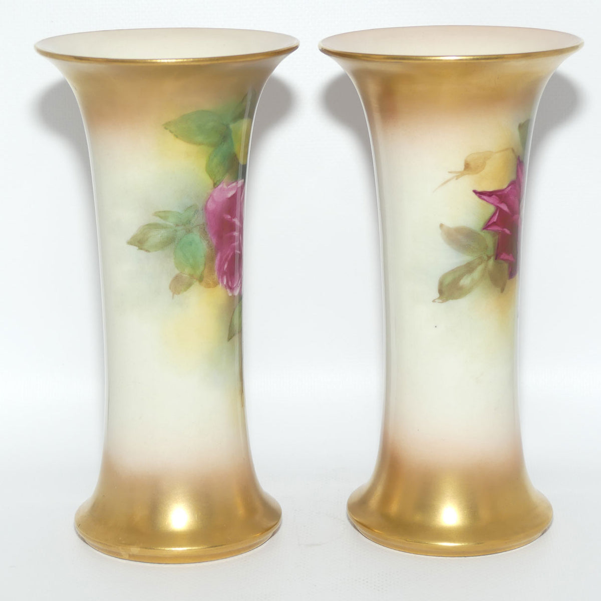 Royal Worcester hand painted pair of roses and gilt trumpet vases | Hunt