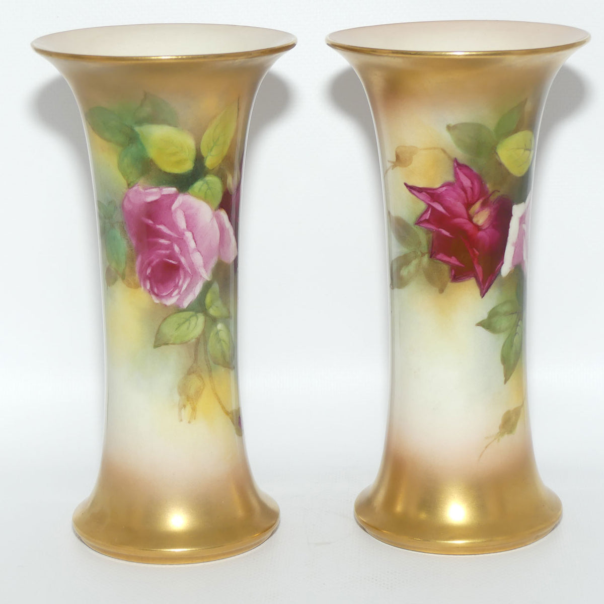 Royal Worcester hand painted pair of roses and gilt trumpet vases | Hunt