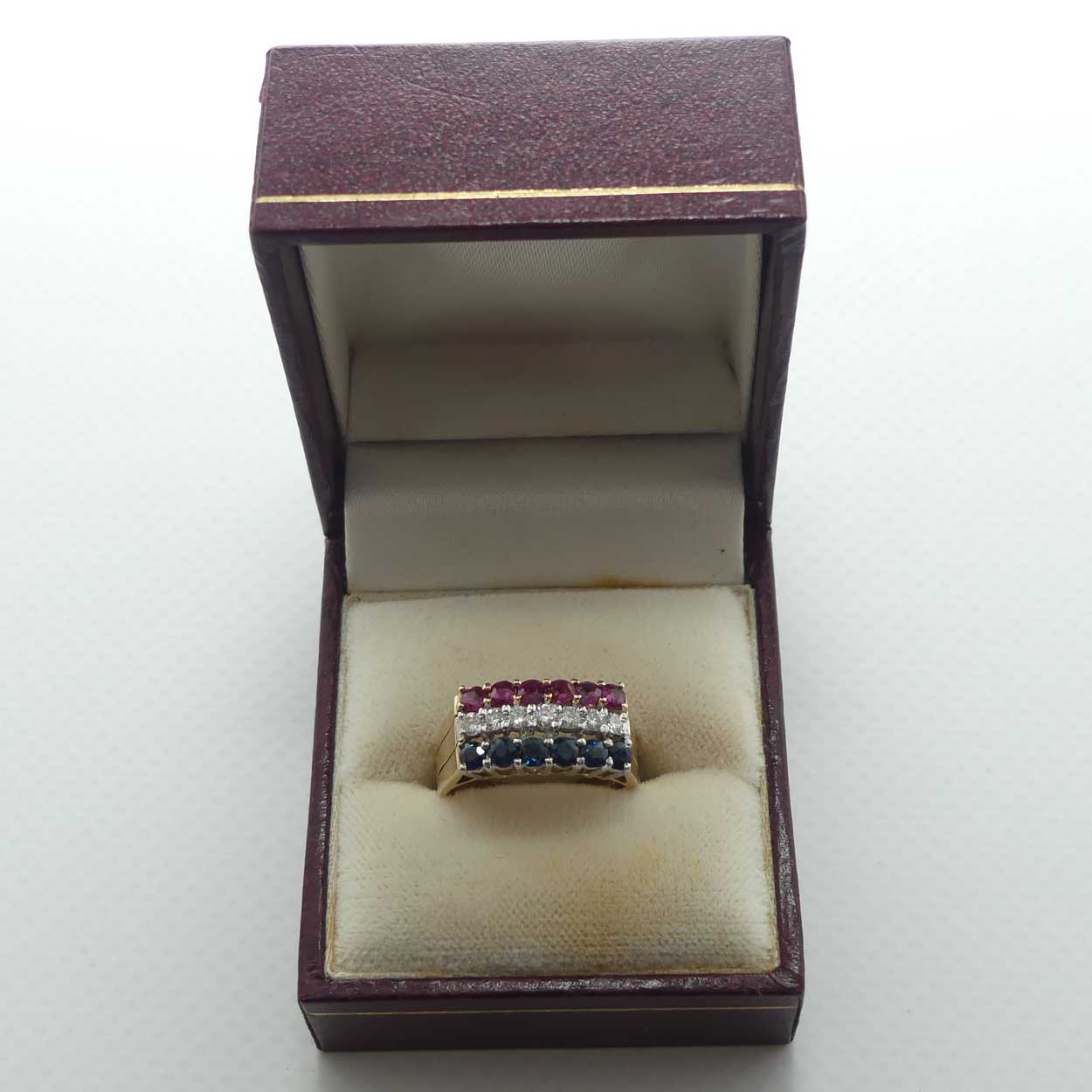 14ct Yellow and White Gold 19 stone Ruby, Sapphire, Diamond Ring