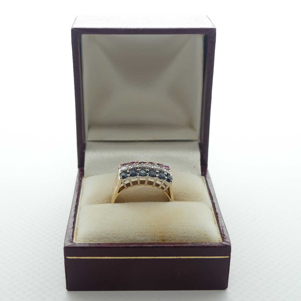 14ct Yellow and White Gold 19 stone Ruby, Sapphire, Diamond Ring