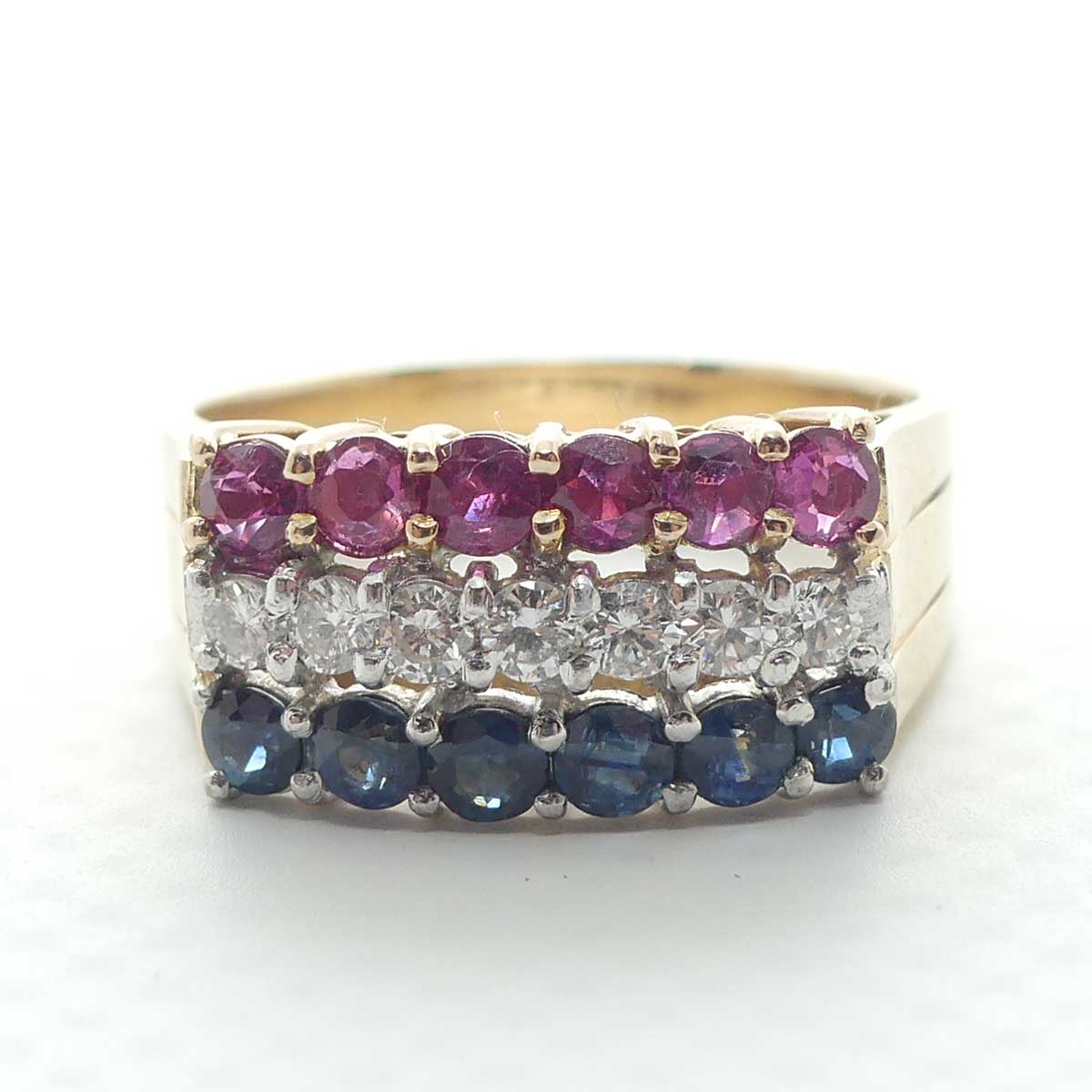 14ct Yellow and White Gold 19 stone Ruby, Sapphire, Diamond Ring
