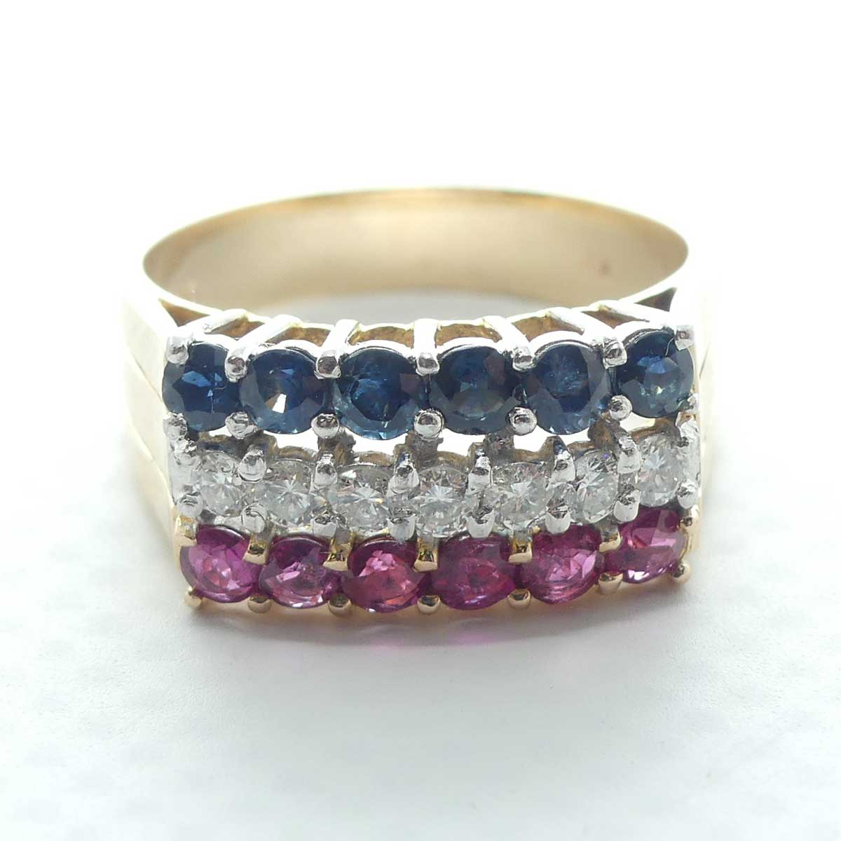 14ct Yellow and White Gold 19 stone Ruby, Sapphire, Diamond Ring