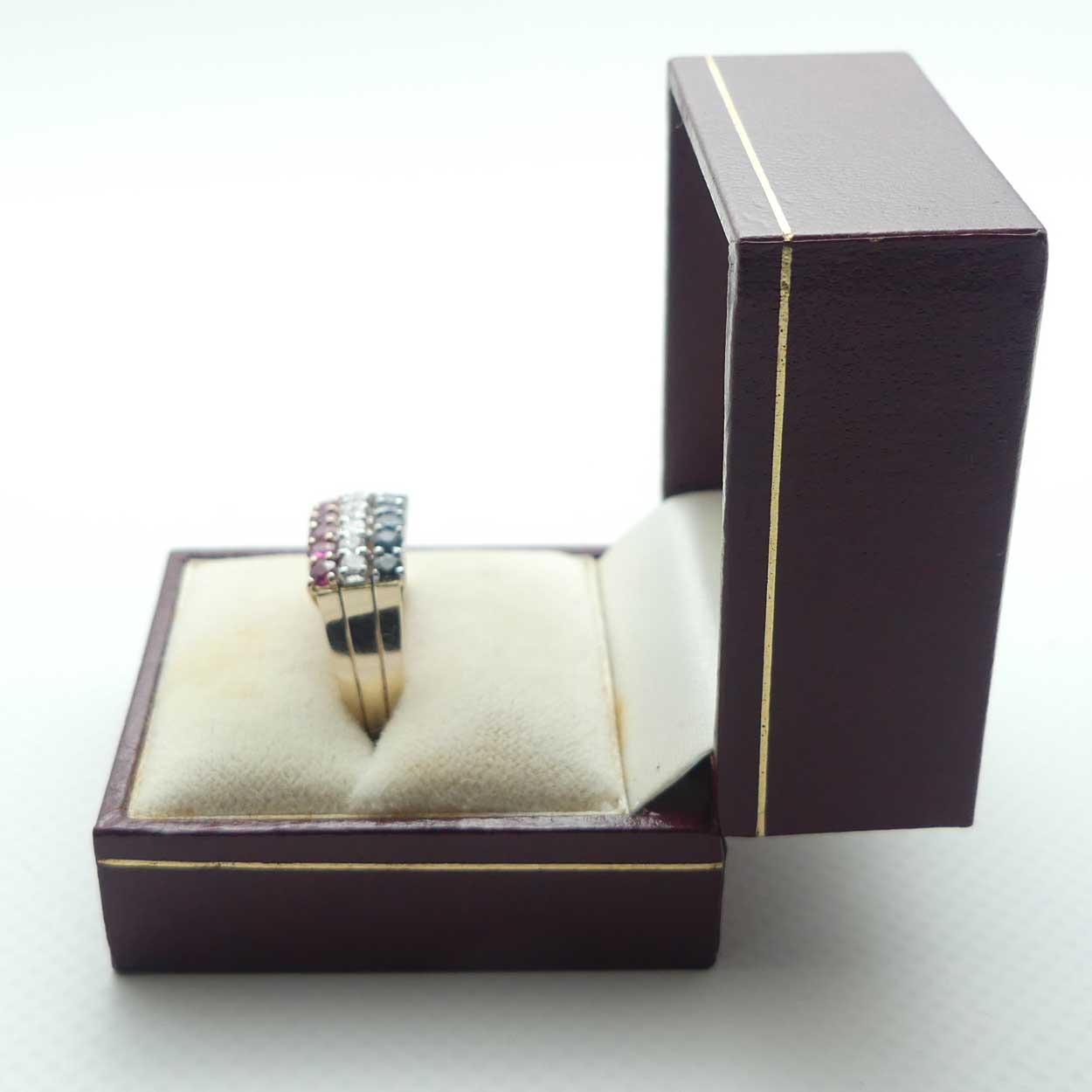 14ct Yellow and White Gold 19 stone Ruby, Sapphire, Diamond Ring