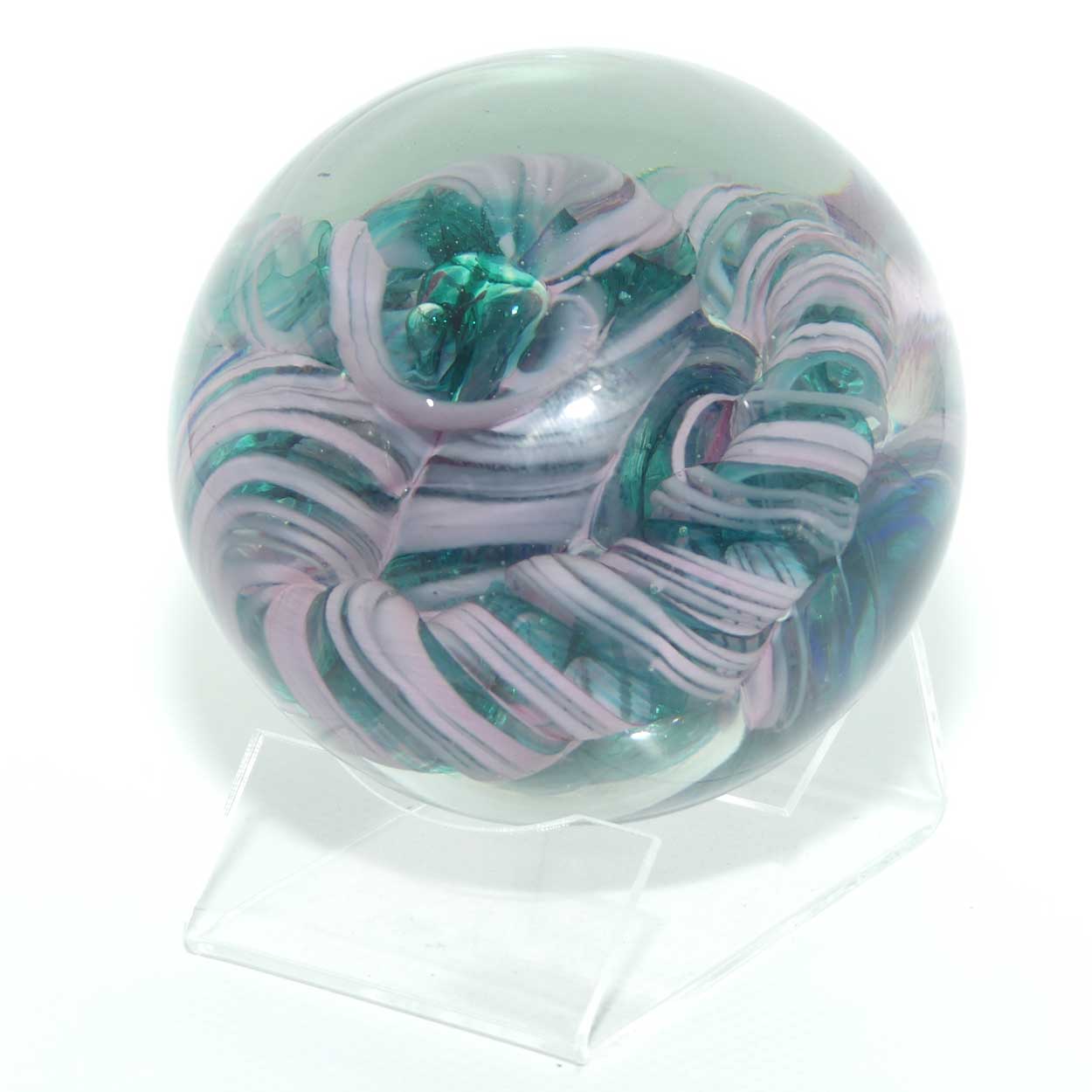 Studio Art Glass controlled bubble and swirl magnum paperweight | signed SMG 90
