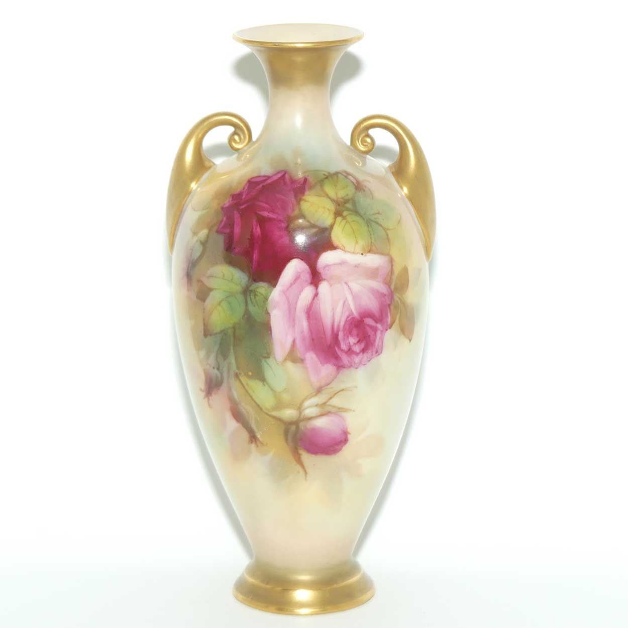 Royal Worcester hand painted Hadley Roses vase with twin handles | Sed