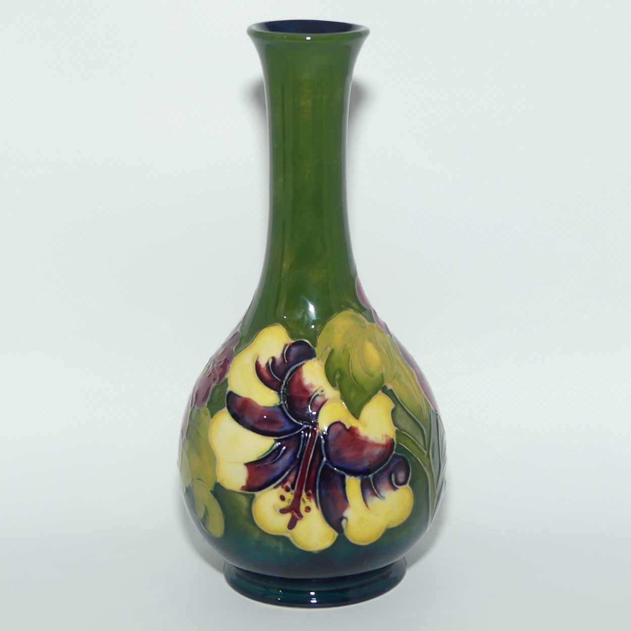 Walter Moorcroft Hibiscus | Olive Green ground slender neck vase | Shape 80/8