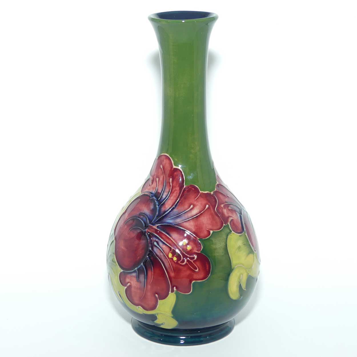 Walter Moorcroft Hibiscus | Olive Green ground slender neck vase | Shape 80/8
