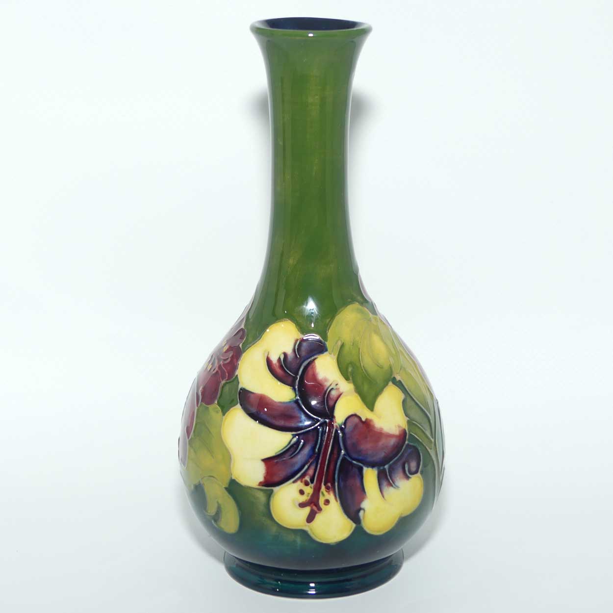 Walter Moorcroft Hibiscus | Olive Green ground slender neck vase | Shape 80/8