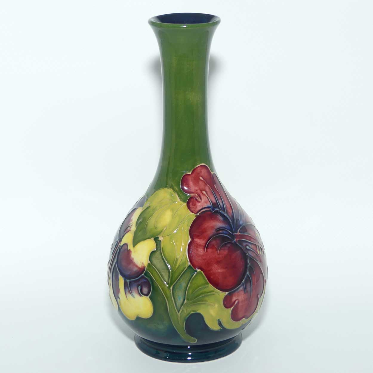 Walter Moorcroft Hibiscus | Olive Green ground slender neck vase | Shape 80/8