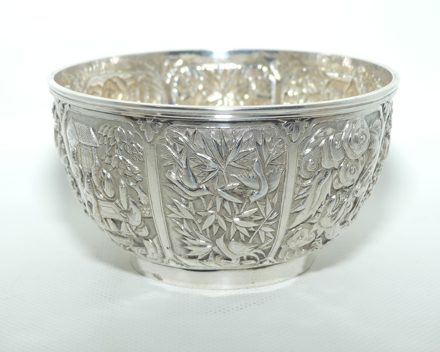 Chinese Export Silver bowl | Early 20th Century | Superbly Decorated with 8 panels | Wang Hing and Co | 200g