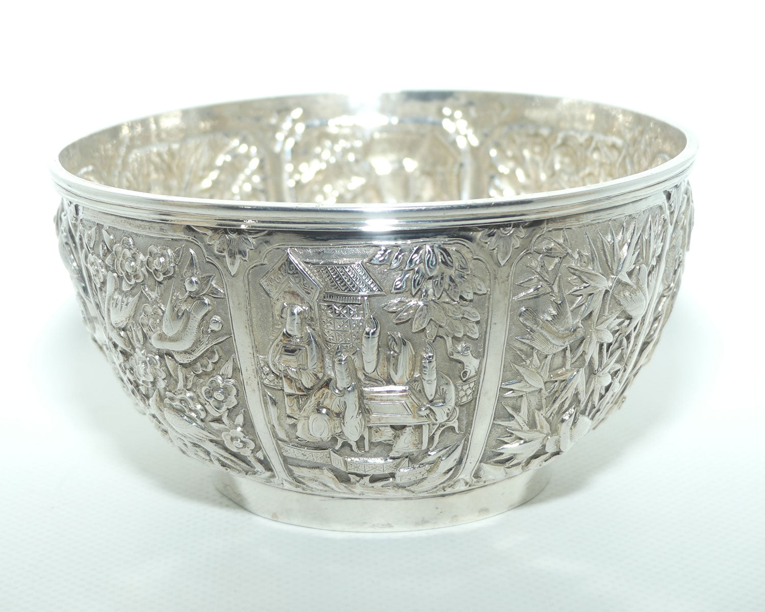 Chinese Export Silver bowl | Early 20th Century | Superbly Decorated with 8 panels | Wang Hing and Co | 200g
