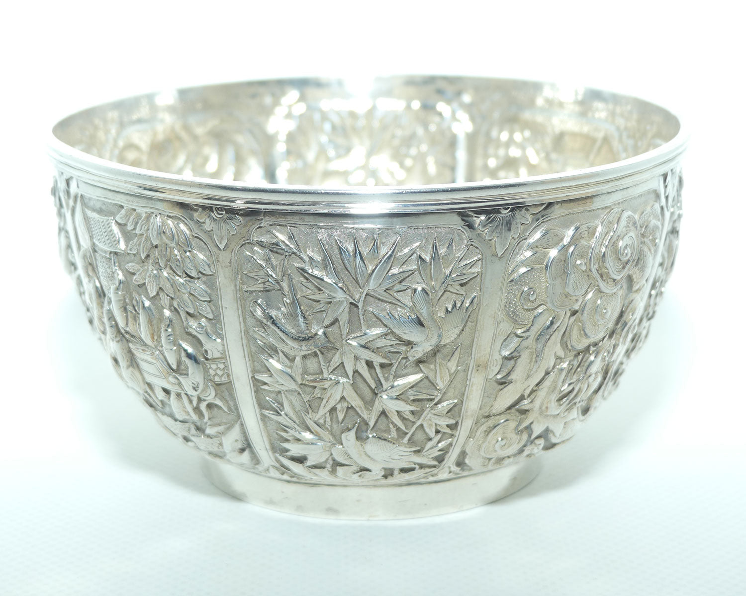 Chinese Export Silver bowl | Early 20th Century | Superbly Decorated with 8 panels | Wang Hing and Co | 200g