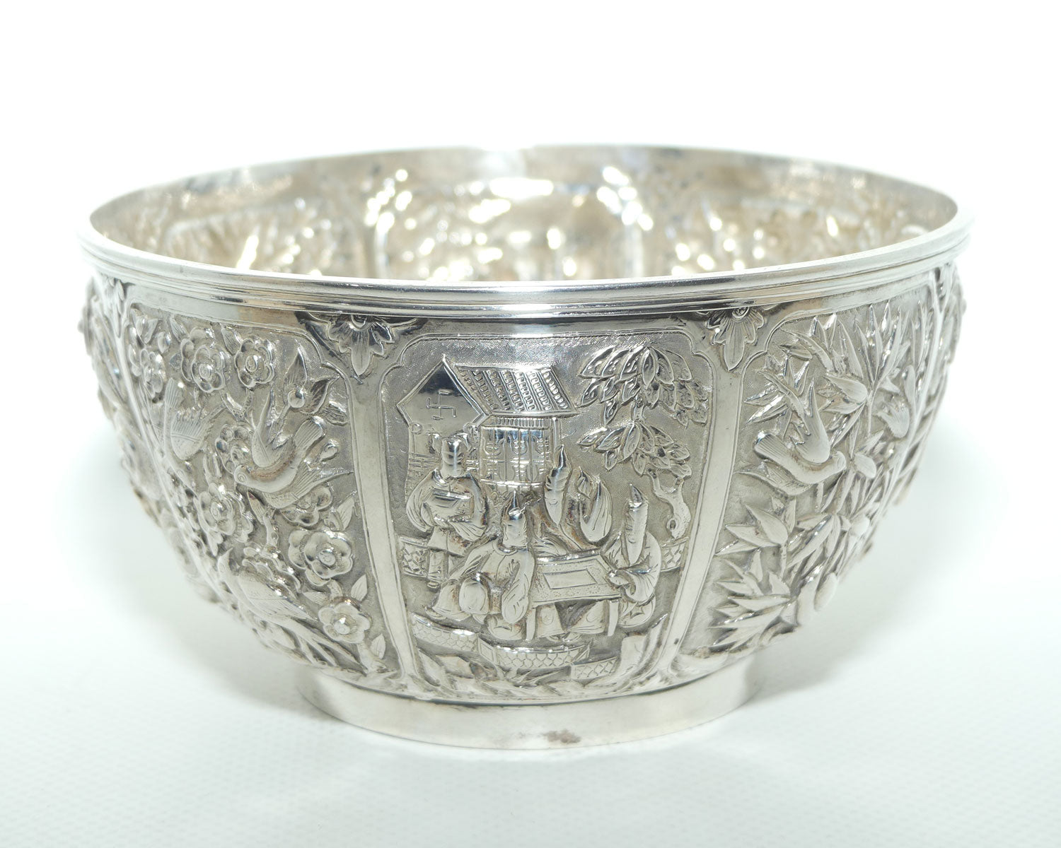 Chinese Export Silver bowl | Early 20th Century | Superbly Decorated with 8 panels | Wang Hing and Co | 200g