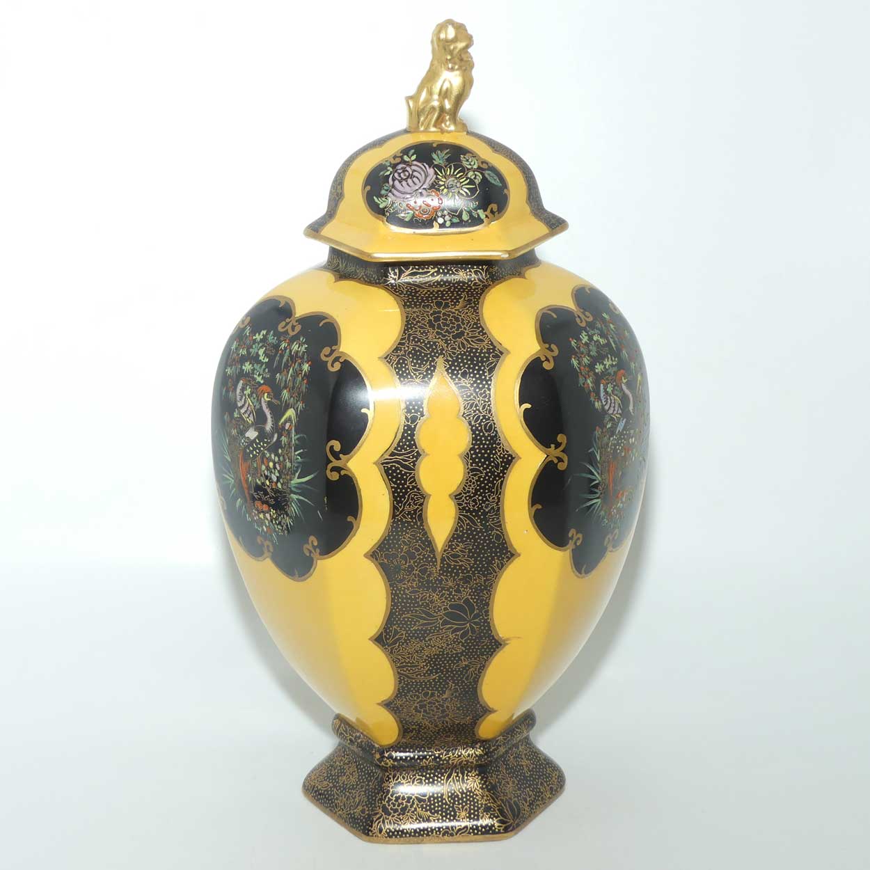 W & R Carlton Ware temple urn | Worcester Birds pattern on Black and Yellow | 2196